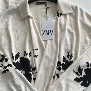NWT ZARA Ecru Black Floral Jacquard Wrap Effect Midi Dress
